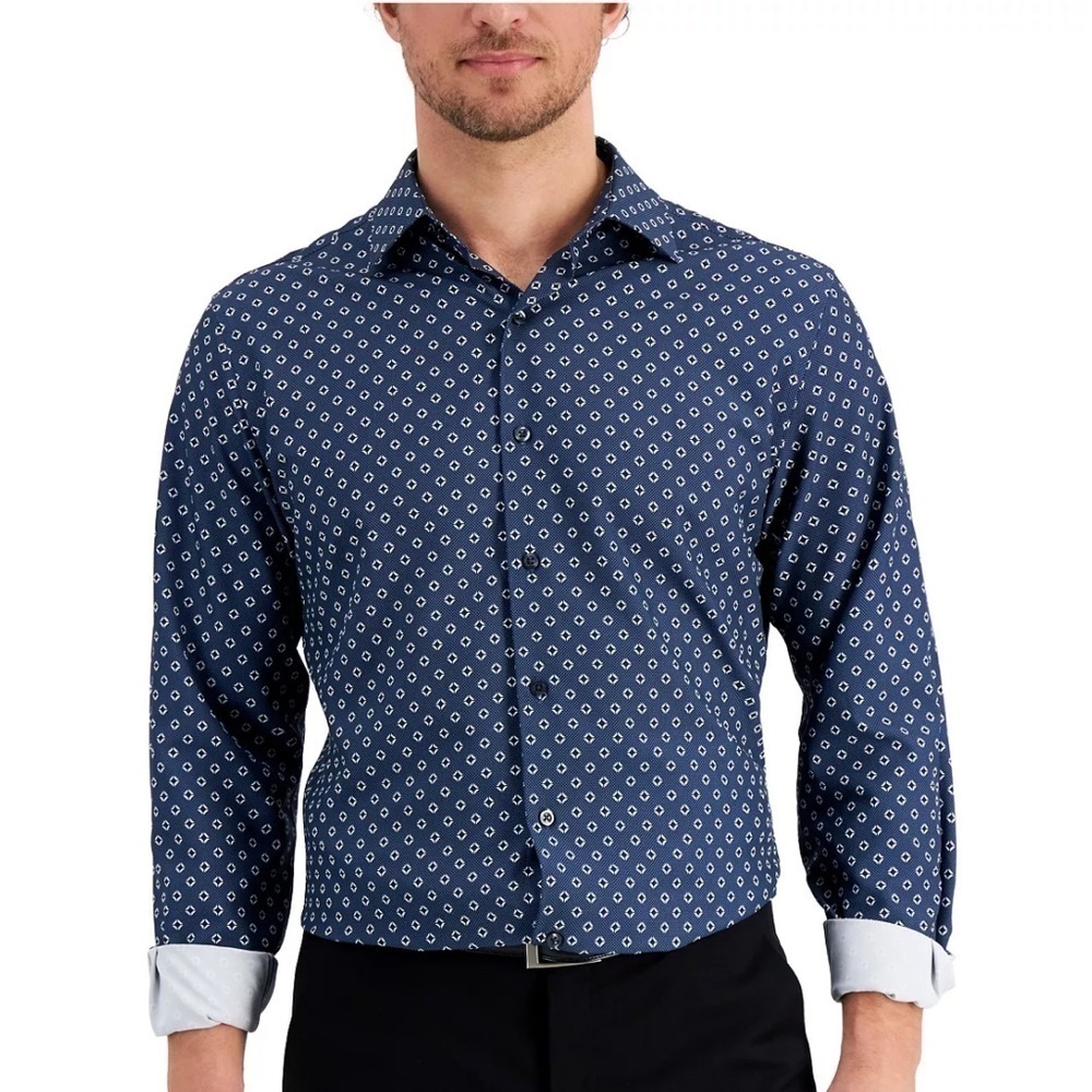 New Alfani Men's Slim Fit 4-Way Geo-Print Dress Shirt Navy White NECK 15-15½